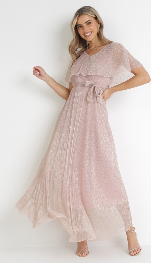 Różowa sukienka born2be z tkaniny z dekoltem w kształcie litery v z krótkim rękawem
