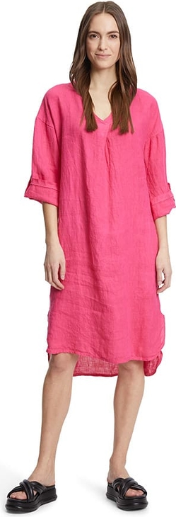 Różowa sukienka Cartoon prosta z lnu z długim rękawem
