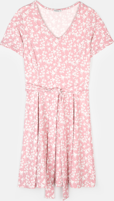 Różowa sukienka Gate z krótkim rękawem mini z dekoltem w kształcie litery v