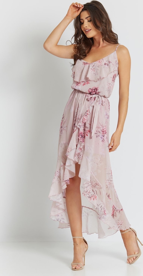 Różowa sukienka Ivon z szyfonu asymetryczna