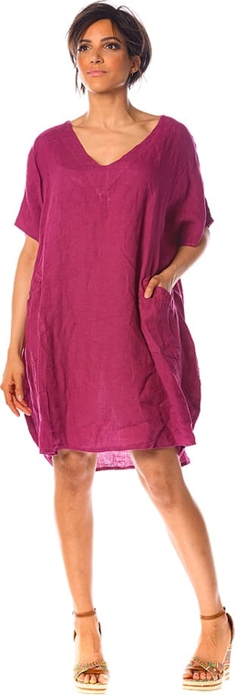 Różowa sukienka La Compagnie Du Lin mini z dekoltem w kształcie litery v