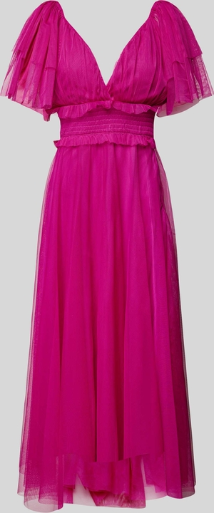Różowa sukienka Lace & Beads z tiulu z krótkim rękawem maxi