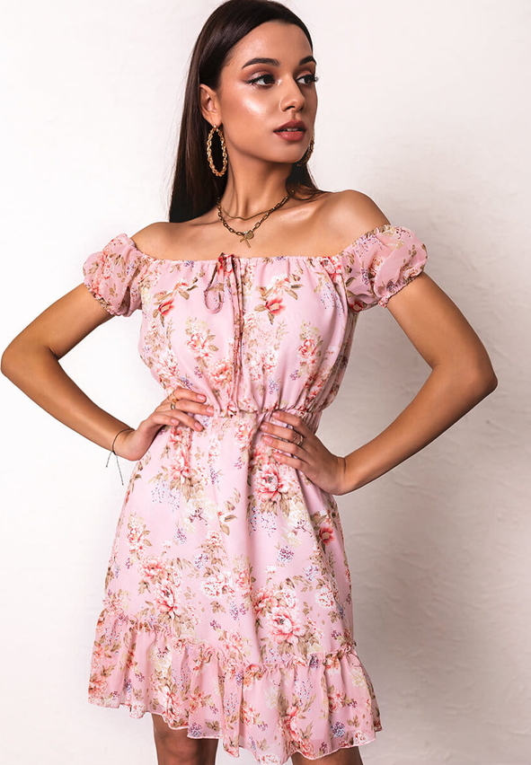 Różowa sukienka Latika mini z krótkim rękawem hiszpanka