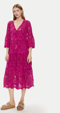 Różowa sukienka Luisa Spagnoli z dekoltem w kształcie litery v z długim rękawem