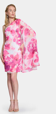 Różowa sukienka MODIVO mini z długim rękawem z asymetrycznym dekoltem