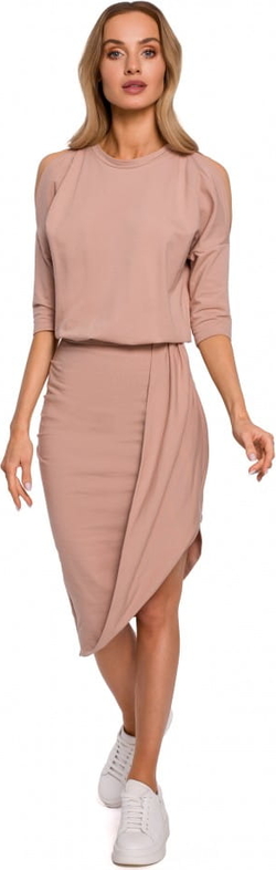 Różowa sukienka MOE z długim rękawem w stylu casual midi