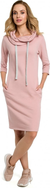 Różowa sukienka MOE z długim rękawem w stylu casual z golfem