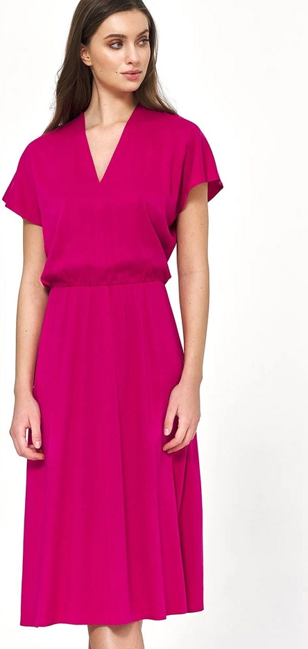 Różowa sukienka Nife midi z krótkim rękawem wyszczuplająca