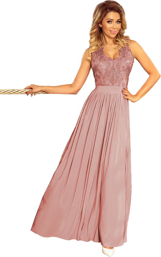 Różowa sukienka NUMOCO z dekoltem w kształcie litery v bez rękawów maxi
