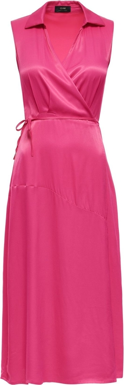 Różowa sukienka Ochnik bez rękawów z kołnierzykiem maxi