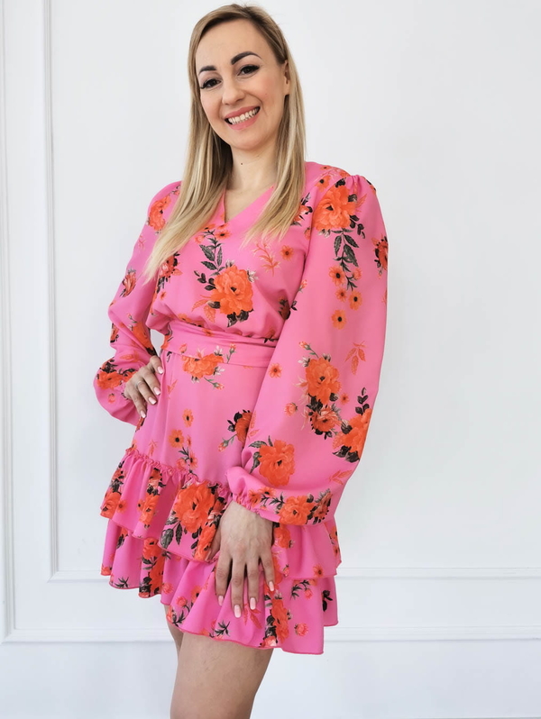 Różowa sukienka Perfe.pl z długim rękawem mini