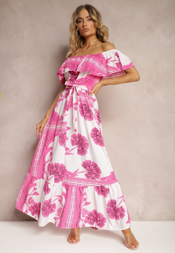 Różowa sukienka Renee hiszpanka z odkrytymi ramionami