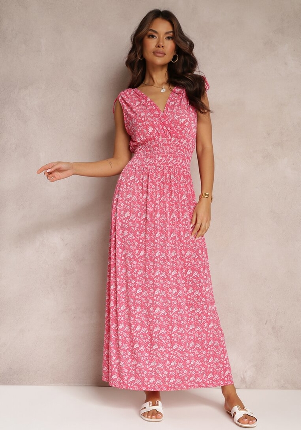 Różowa sukienka Renee maxi rozkloszowana z dekoltem w kształcie litery v