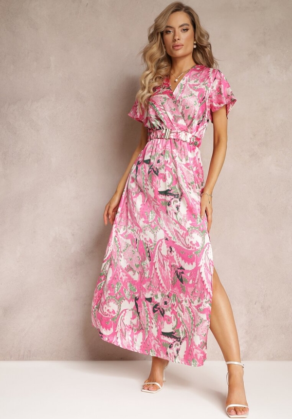 Różowa sukienka Renee maxi w stylu boho z krótkim rękawem