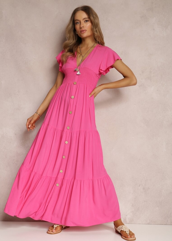 Różowa sukienka Renee maxi z krótkim rękawem