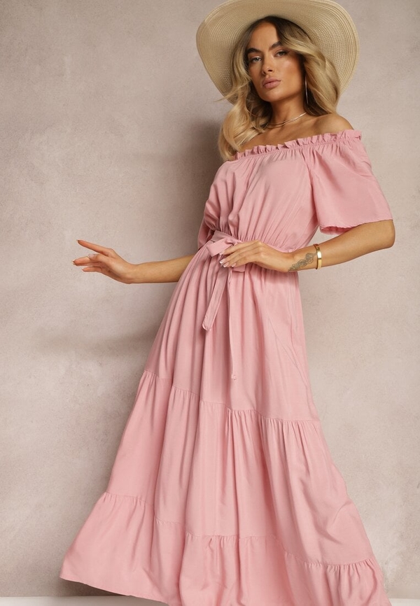 Różowa sukienka Renee maxi z krótkim rękawem z bawełny