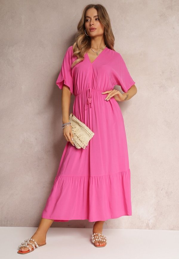 Różowa sukienka Renee midi z krótkim rękawem z dekoltem w kształcie litery v