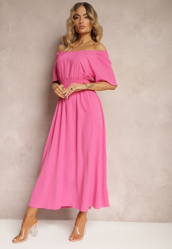 Różowa sukienka Renee rozkloszowana maxi z krótkim rękawem
