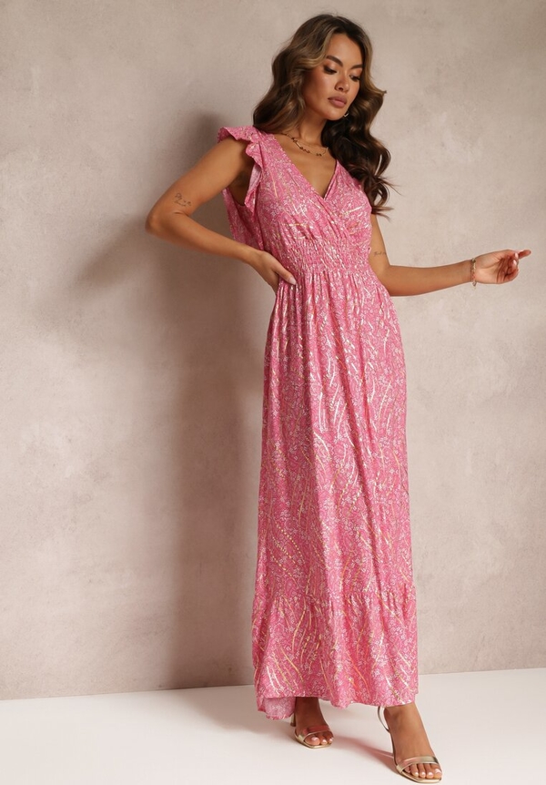 Różowa sukienka Renee z dekoltem w kształcie litery v maxi z krótkim rękawem