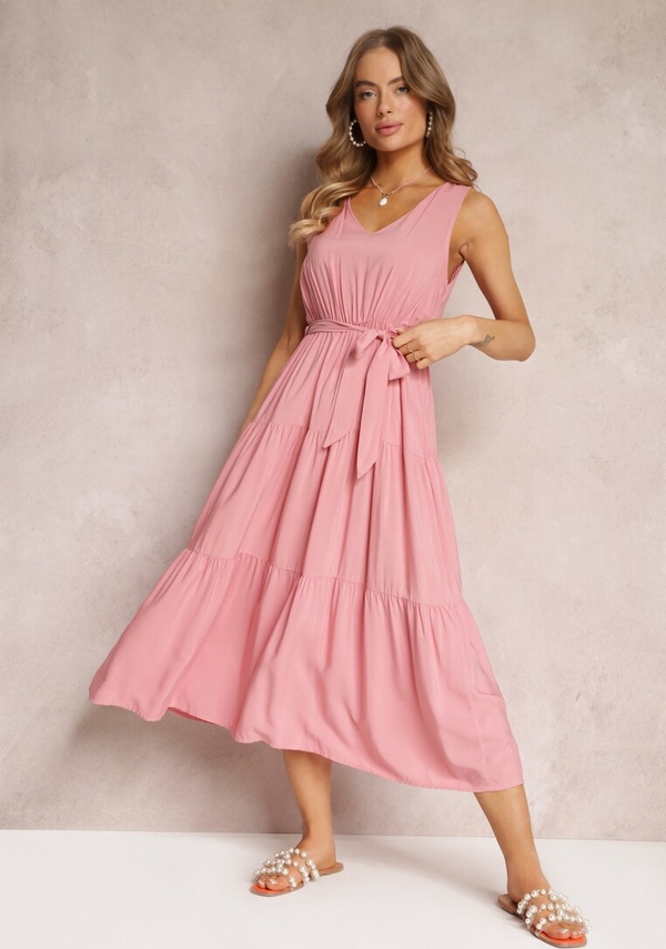 Różowa sukienka Renee z dekoltem w kształcie litery v z tkaniny midi