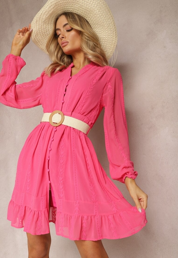 Różowa sukienka Renee z długim rękawem w stylu klasycznym z tkaniny