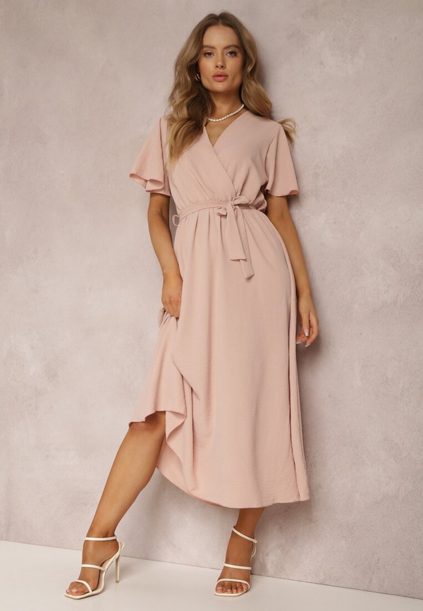 Różowa sukienka Renee z krótkim rękawem midi w stylu casual