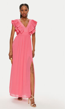 Różowa sukienka Rinascimento maxi z krótkim rękawem z dekoltem w kształcie litery v