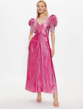 Różowa sukienka Rotate z dekoltem w kształcie litery v trapezowa z krótkim rękawem
