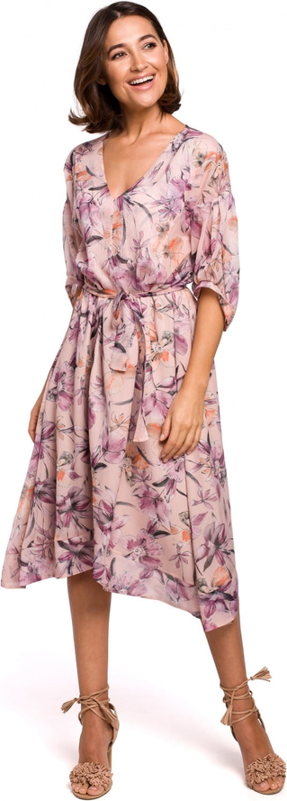 Różowa sukienka Style midi z długim rękawem