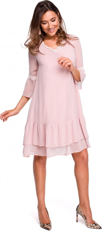 Różowa sukienka Style z okrągłym dekoltem w stylu boho mini