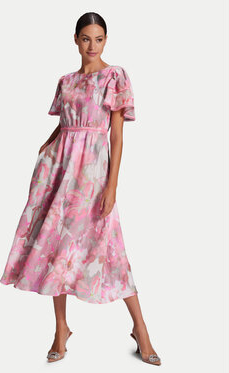 Różowa sukienka Swing z okrągłym dekoltem midi z krótkim rękawem