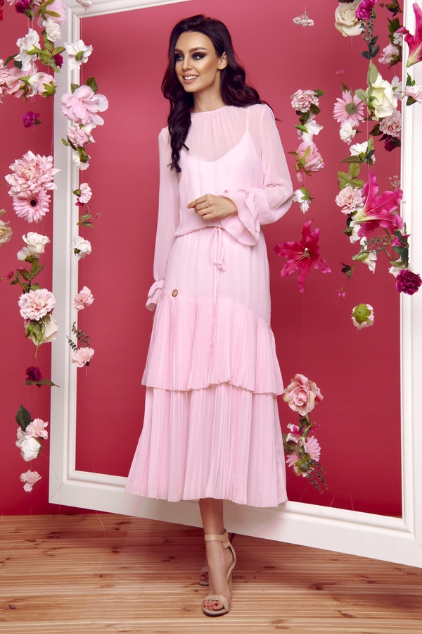 Różowa sukienka TAGLESS z okrągłym dekoltem z szyfonu z długim rękawem