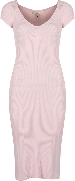 Różowa sukienka ubierzsie.com midi z dekoltem w kształcie litery v z krótkim rękawem