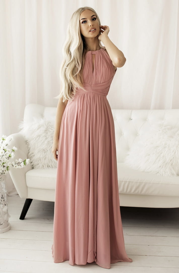 Różowa sukienka Yournewstyle maxi z tiulu z dekoltem w kształcie litery v