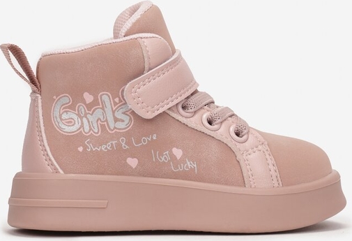 Różowe buty dziecięce zimowe born2be na rzepy dla dziewczynek ze skóry