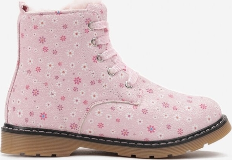 Różowe buty dziecięce zimowe born2be w kwiatki dla dziewczynek