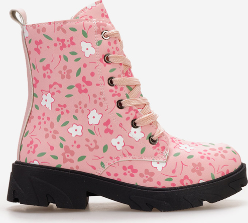 Różowe buty dziecięce zimowe Zapatos w kwiatki dla dziewczynek sznurowane