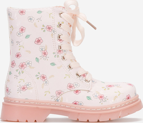 Różowe buty dziecięce zimowe Zapatos w kwiatki sznurowane