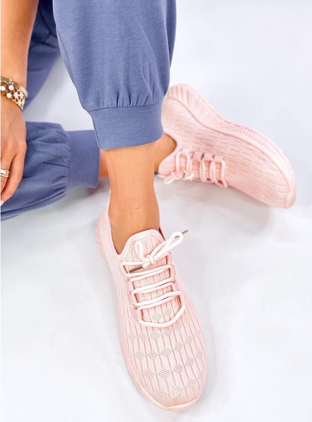 Różowe buty sportowe ButyModne w sportowym stylu z płaską podeszwą z tkaniny