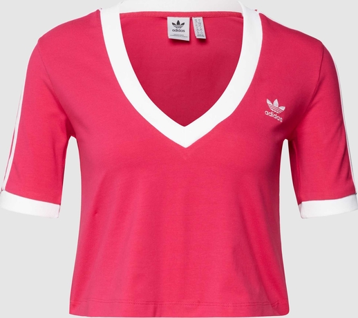Różowy t-shirt Adidas Originals w sportowym stylu z dekoltem w kształcie litery v z bawełny