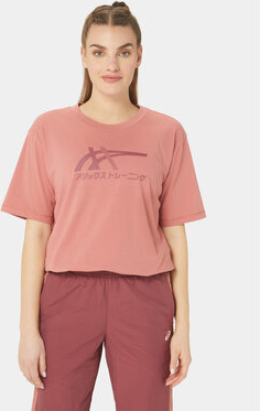 Różowy t-shirt ASICS w sportowym stylu z krótkim rękawem z okrągłym dekoltem