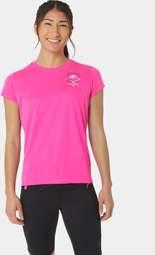 Różowy t-shirt ASICS w sportowym stylu z okrągłym dekoltem z krótkim rękawem