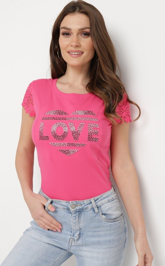 Różowy t-shirt born2be z krótkim rękawem z bawełny w młodzieżowym stylu