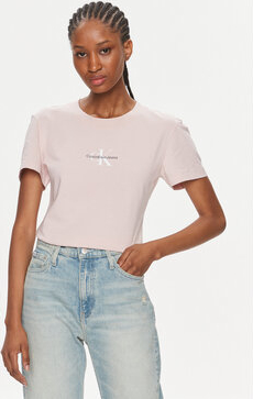 Różowy t-shirt Calvin Klein z krótkim rękawem z okrągłym dekoltem