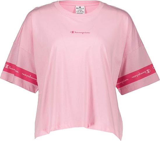 Różowy t-shirt Champion z okrągłym dekoltem z krótkim rękawem w sportowym stylu