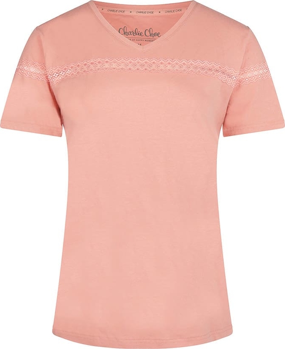 Różowy t-shirt Charlie Choe z bawełny z okrągłym dekoltem w stylu casual