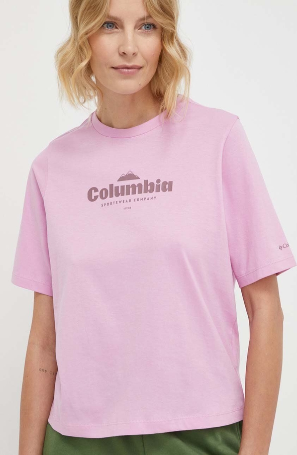 Różowy t-shirt Columbia z krótkim rękawem w sportowym stylu z bawełny