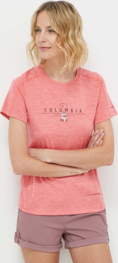 Różowy t-shirt Columbia z okrągłym dekoltem z krótkim rękawem w sportowym stylu