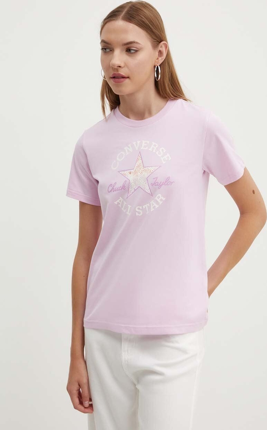 Różowy t-shirt Converse w młodzieżowym stylu z bawełny z krótkim rękawem
