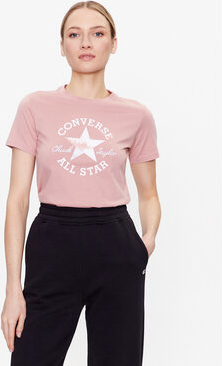 Różowy t-shirt Converse w młodzieżowym stylu z okrągłym dekoltem z krótkim rękawem